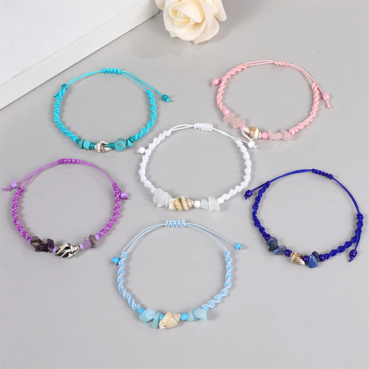 12pcs/card Natural crushed stone conch Woven Bracelet Adjustable twist string Lucky Friendship Bracelet