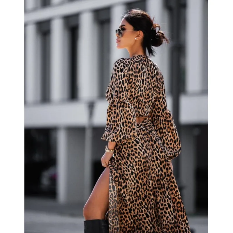 Black Printed Long Skirt Set Ladies Fashion Autumn Leopard Print Ladies Long Sleeved V-neck Lace Up Waist Leakage Sexy Set Dress