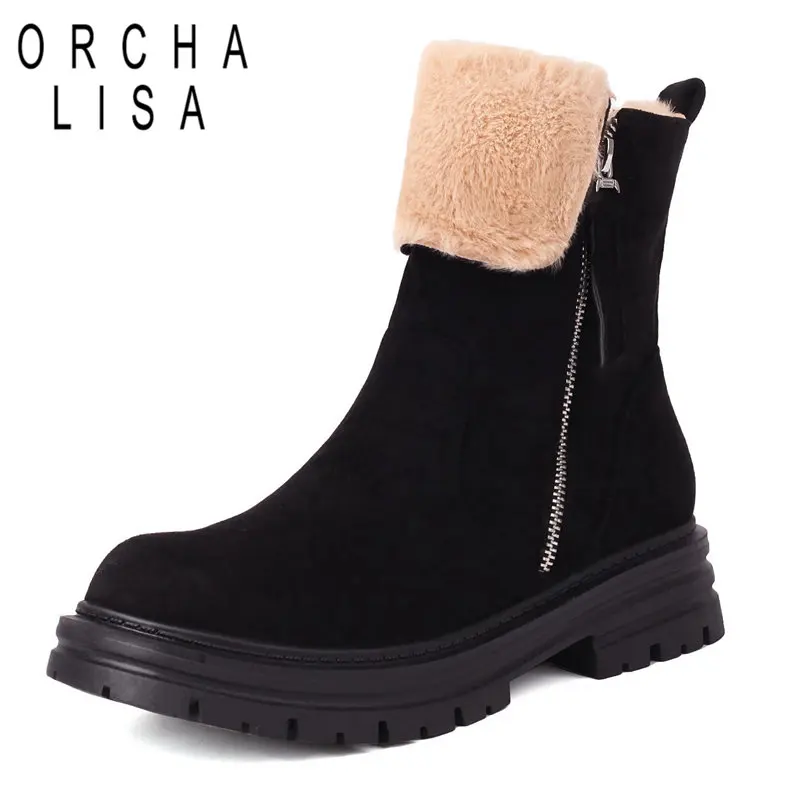 

ORCHA LISA Women Winter Snow Boots Round Toe Block Heels 4cm Platform Zipper Flock Suede Casual Shoes Large Size 42 43 Warm Bota