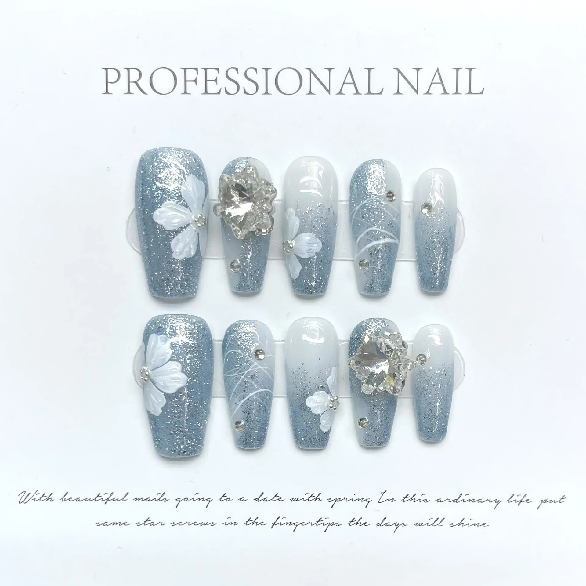 

Handmade Blue Press on Nails Daisies Flowers Design Reusable Adhesive False Nails Long Partysu Artifical Full Cover Nail Tips