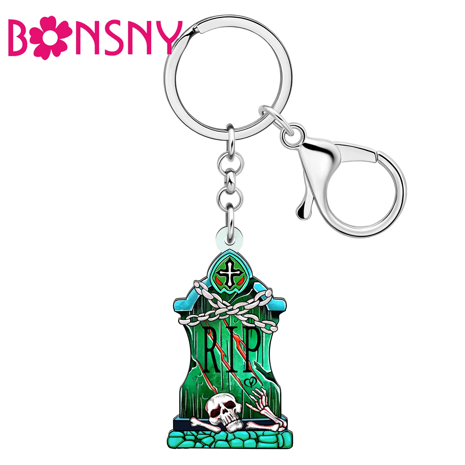 Bonsny Acrylic Halloween Decorations Skull Green Tombstone Key Chains Keychains Bone Key Rings For Teens Kid Gift Car Bag Charms