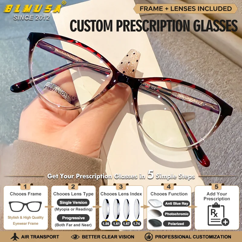 Lunettes de vue BLMUSA pour femmes, minimalistes, anti-lumière bleue, pour myopie, monture œil-de-chat léopard, verres progressifs photochromiques, lunettes de mode