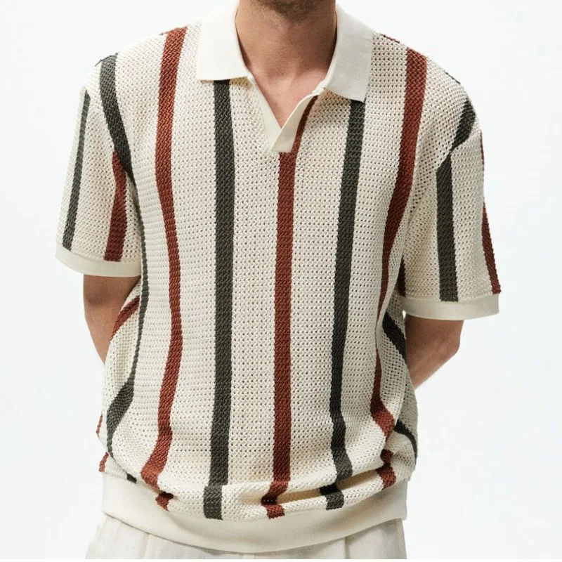 2024 Summer Men's New Turn-down Collar Patchwork Striped Hollow Out Fashion Comfortable Loose Short Sleeve Knitted Sweater