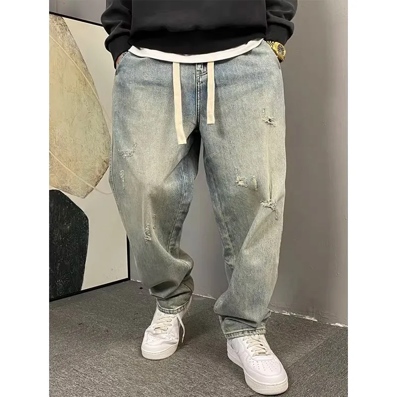 

Summer Large Size Casual Washed Ripped Denim Jeans Men's Straight Leg Wide Leg Loose Fit Soft Comfortable Polyester Fiber
