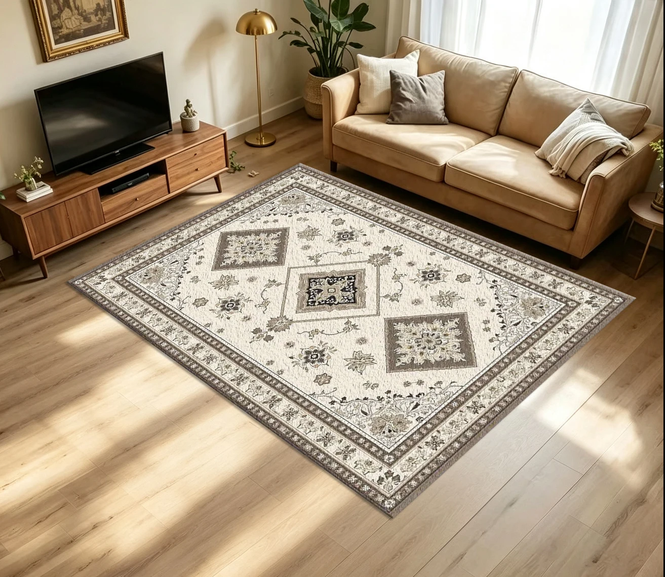 Vintage Beige Brown Diamond Medallion Carpet Flooring Oriental Traditional Floral Border Printed Floor Rug for Household Living Room Home Interior Ornament