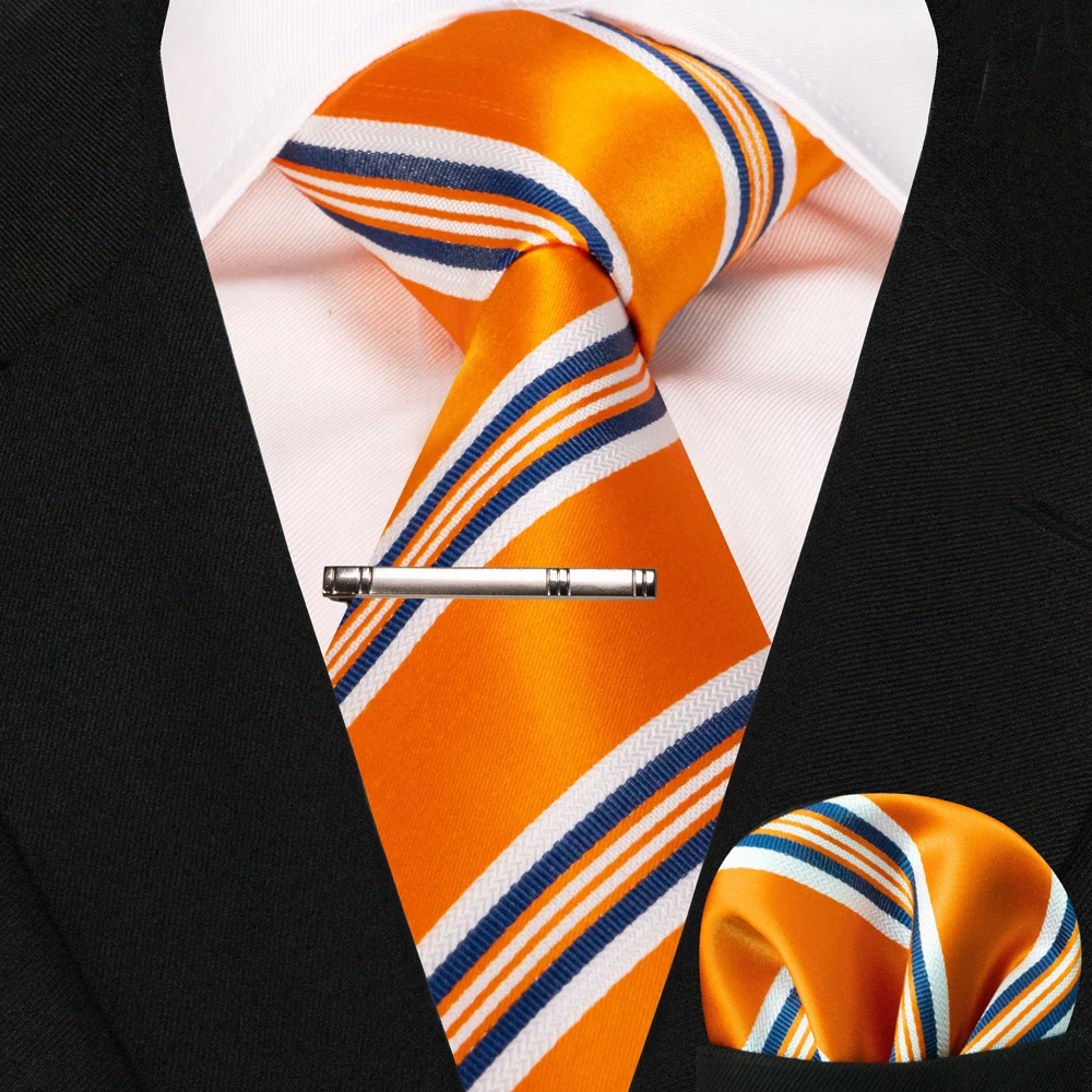 JEMYGINS Business-Krawatte für Herren, Seidenkrawatte in Marineblau, gestreifte Paisley-Krawatte, Einstecktuch, Krawattenklammern, Set für Hochzeit, Party, Geschenk – Detail 12