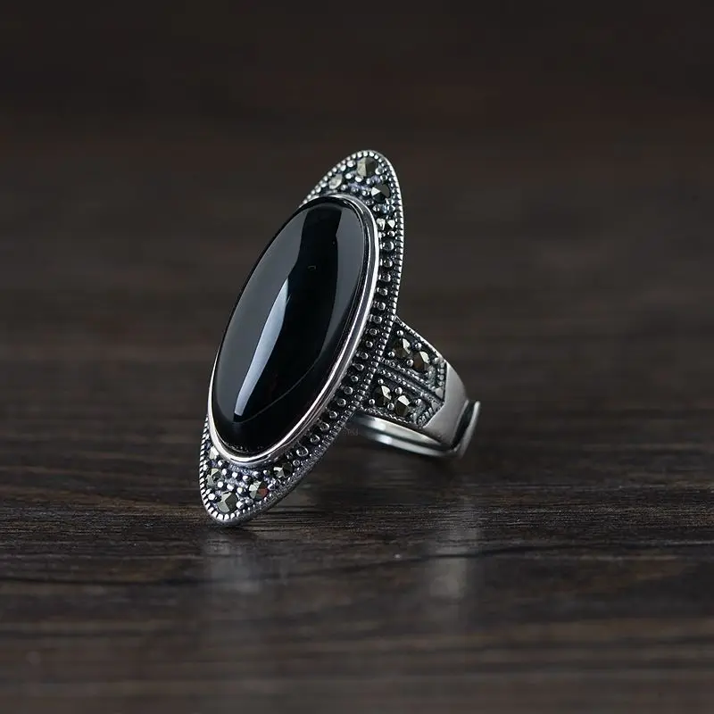 

33MM Exaggerated Long Thai Silver Marcasite Rings Women 925 Silver Big Oval Ring Agate Chalcedony Corundum Zircons Ring Fashion