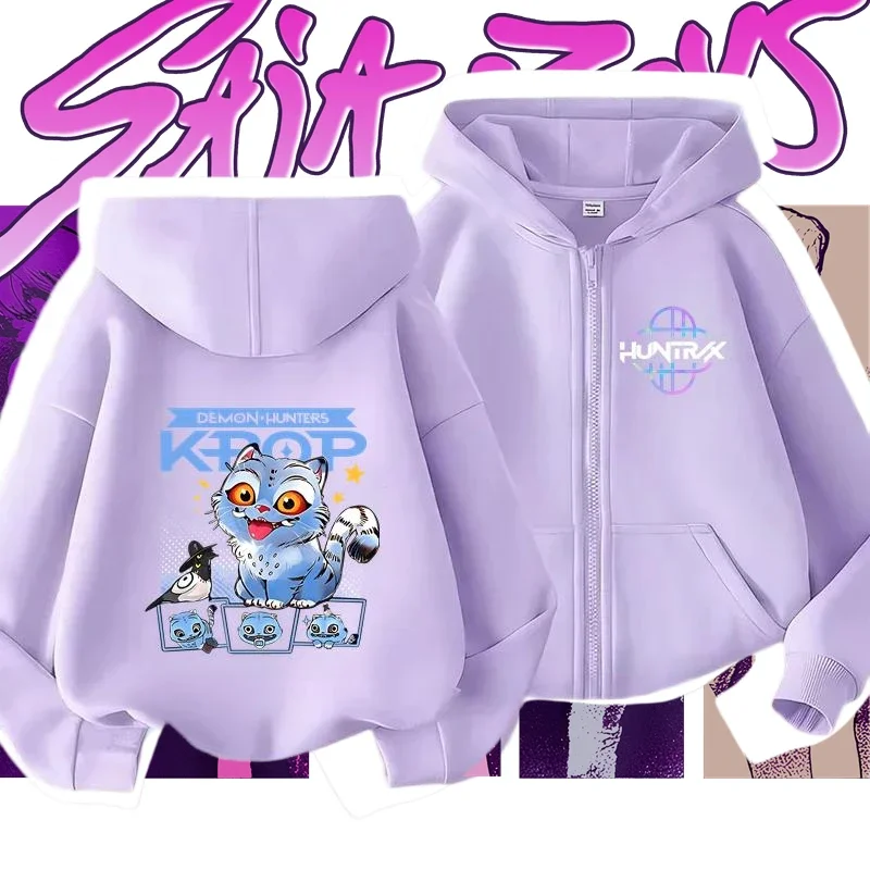 

Kpop Demon Hunters Zipper Hoodies Girls Hoodie Kids Purple Sweatshirt Soft Warm Cute Anime Print Cozy Hoodie​