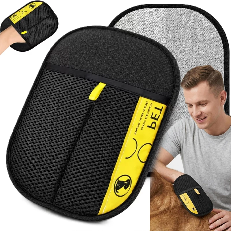 Pet Hair Remover Gloves for Dogs and Cats, Electrostatic Grooming Mitt, Reusable Washable Deshedding Glove with 2-in-1 Lint Roller Brush, Safe Non-Toxic Pet Hair Removal Tool