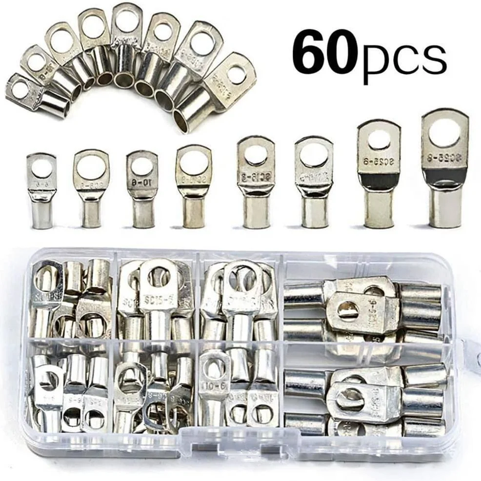 60pcs Tin Plated Copper SC6-25 Cable Lugs HX-50B Ratchet Crimper & Wire Cutter Set for Automotive and Industrial Use
