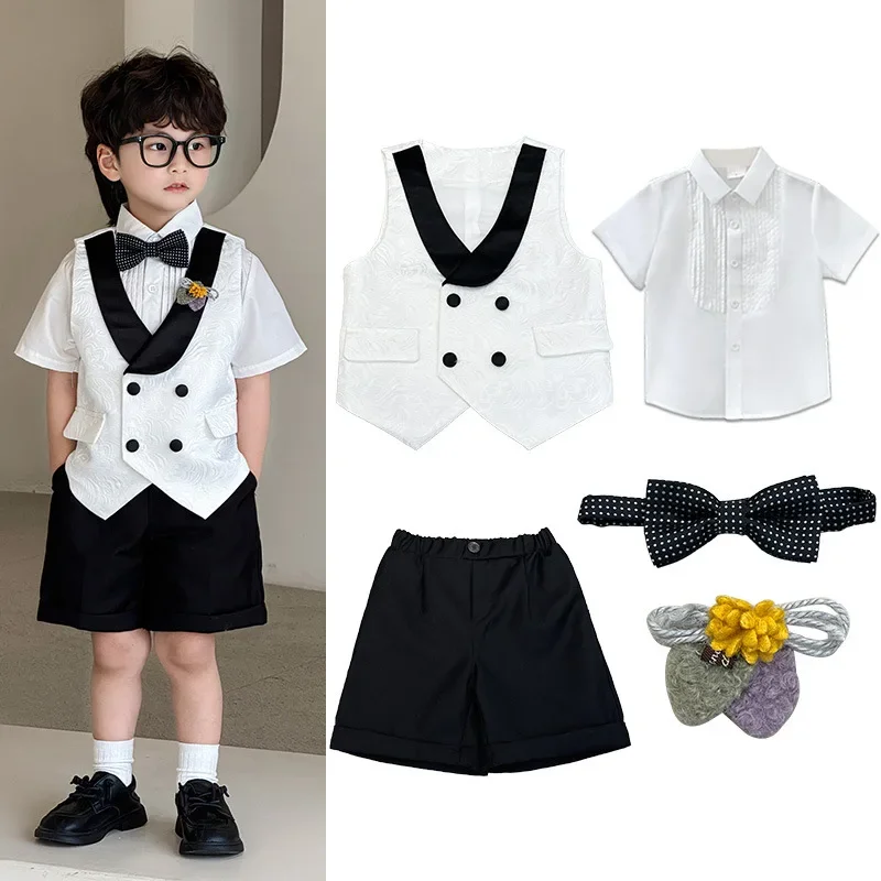 Boys Formal Tuxedo Suit Set Short Sleeve Vest Shorts Bow Tie Polka Dot Outfit for Kids Toddler Wedding Ring Bearer Pageant Party