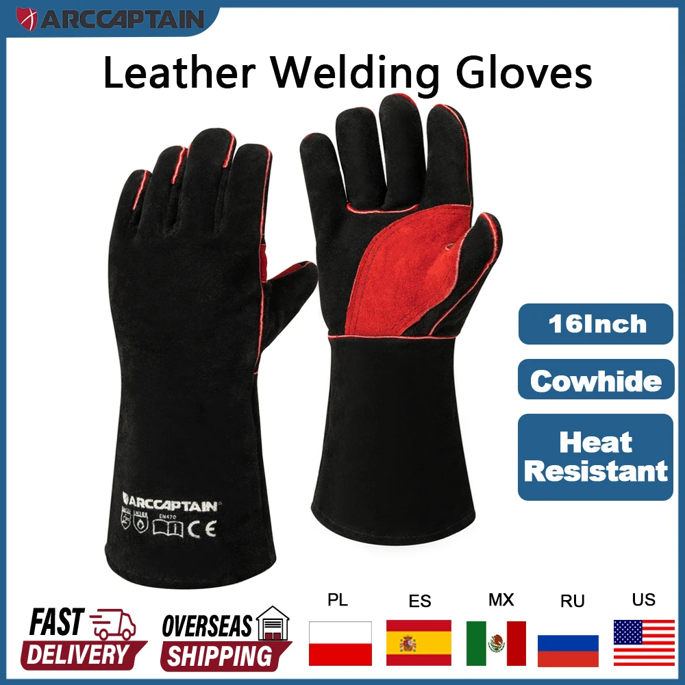 Welding Gloves For Welder Works with Black Palm Welders Thick Cow Split Leather Kitchen Stove Heat Puncture Resistant BBQ Glove