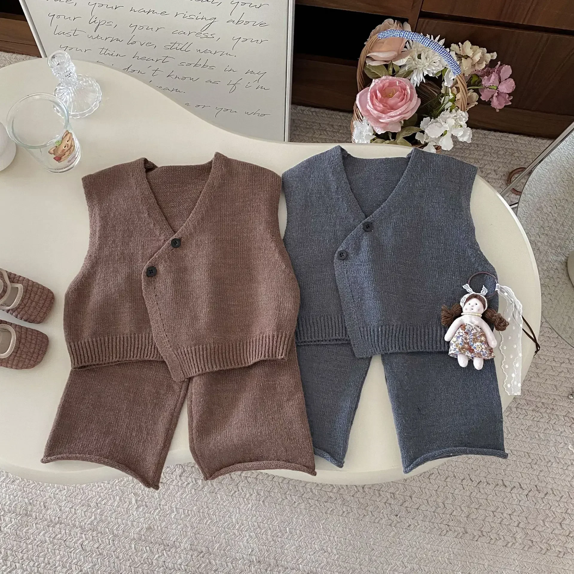 

2025 Autumn New 1-6Y Children Clothes Knit 2 piece Set Comfortable Loose Knit Sweater Vest and Pants for Boys and Girls