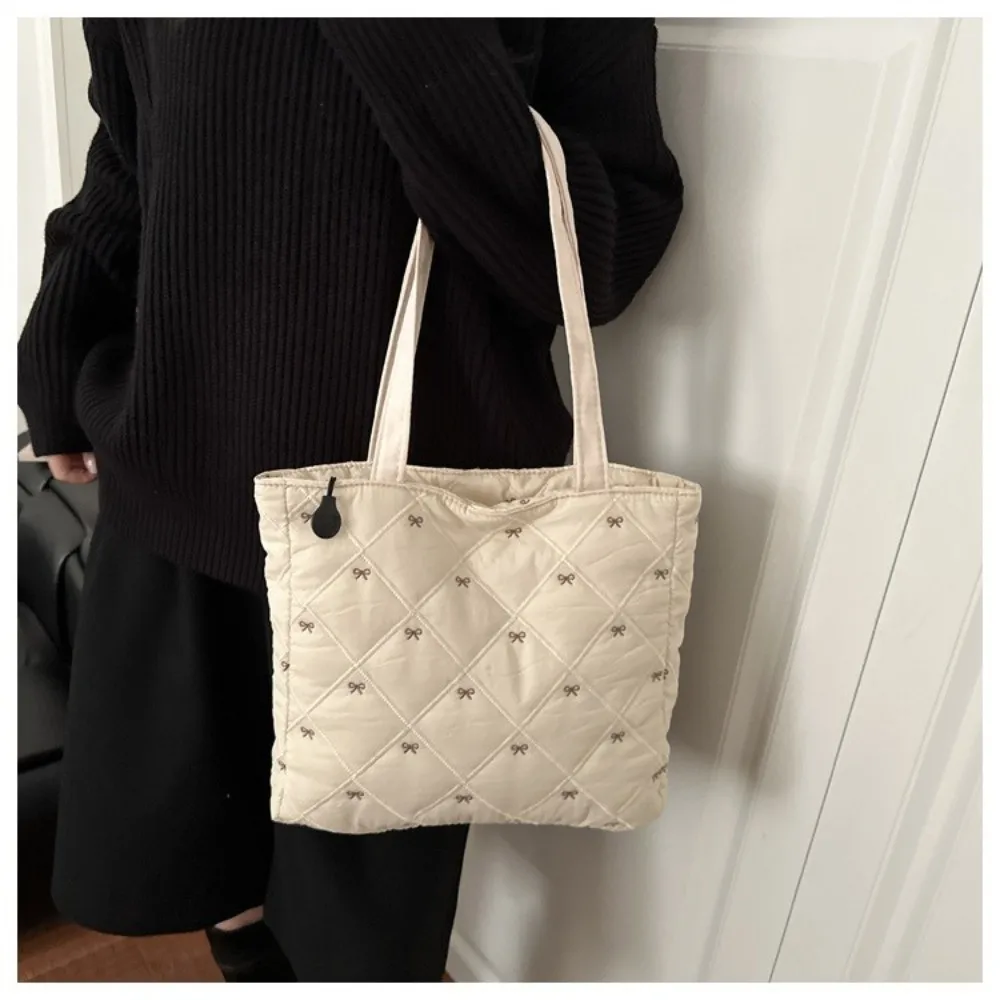 Fashion Large Capacity Quilted Tote Bag Solid Color Argyle Pattern Shoulder Bag Bow Embroidery Lightweight Handbag