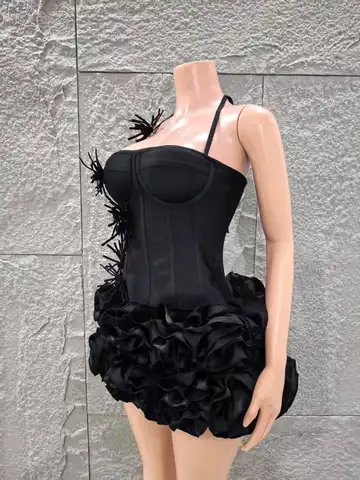 2025 Ny Svart Färg Kvinnor Sexig Axelbandslös Blommig 2 Pieces Bodycon Mini Bandage Klänning Fira Nattklubb Fest Bar Sångare Klänning 10 best sales bodycon-klänning - №8