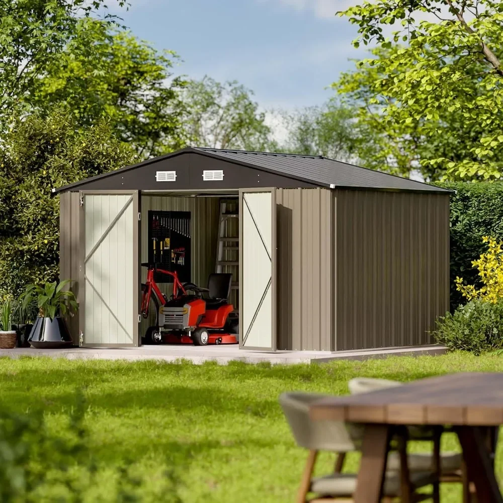 

10 X 8 Feet Outdoor Storage Shed, Large Garden Tool Metal Shed, Outdoor Shed with Sloping Roof and Double Lock Doors, Brown