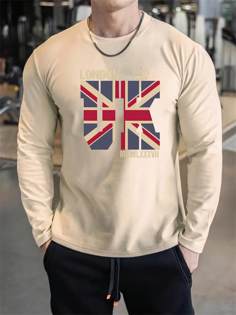 أزياء العلم البريطاني الجرافيك كم طويل تي شيرت للرجال العصرية الشارع الشهير ثلاثية الأبعاد مطبوعة طاقم الرقبة تي شيرت عادية المتضخم تيز #2
