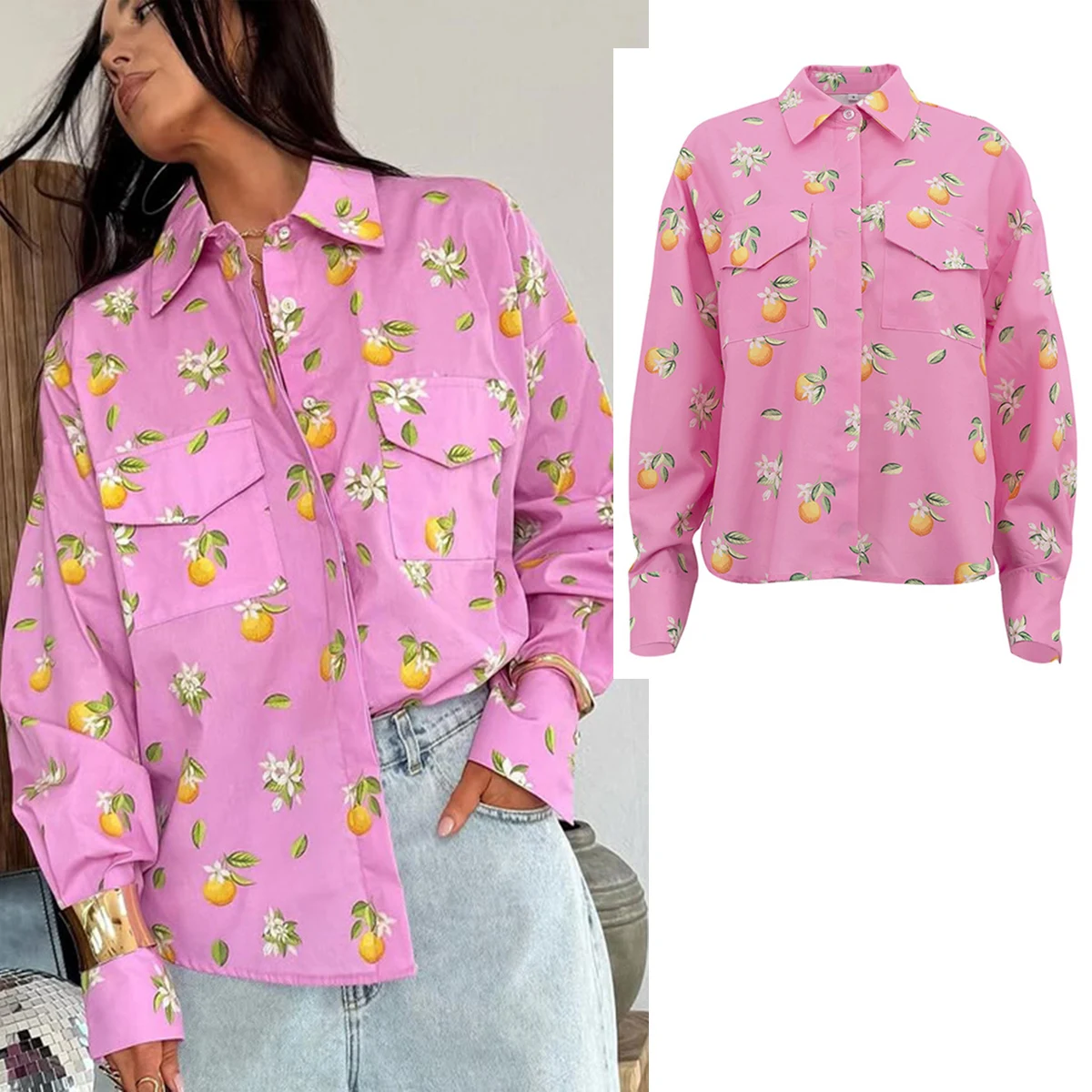 

Осенняя модная свободная женская рубашка с принтом, повседневные рубашки с лацканами и длинными рукавами, элегантный классический топ с карманами, женская блузка