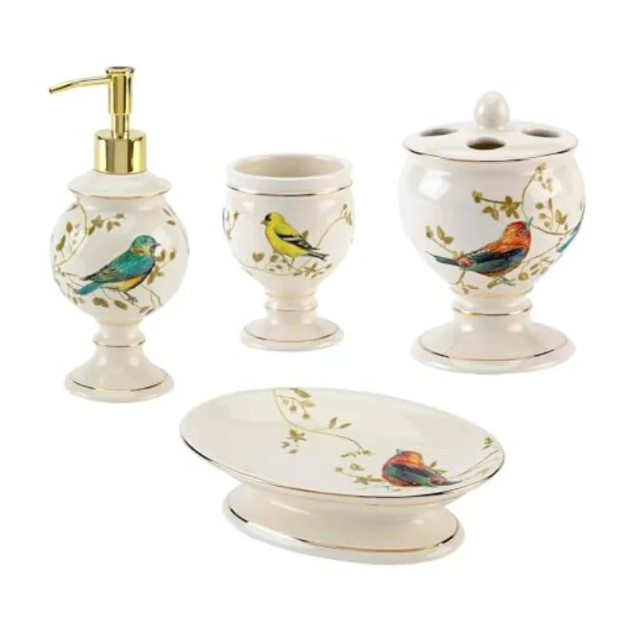 

Avanti Linens - Gilded Birds Collection Accessory Set with Resin Tumbler Toothbrush Holder Soap Dish Lotion Pump in Gold Durabl
