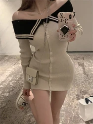 Spring Season Women's Knitted Short Dress Color Block Long Sleeve One Shoulder Design Slimming Waist Sexy  Dress