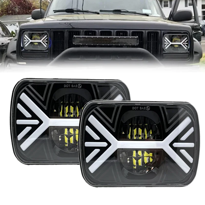 

2X Led LED Car Headlight 5x7" 7X6" Inch Square DRL Turn Signal Hi/Lo Beam For Jeep Wrangler YJ Cherokee XJ truck 4X4 12V 24V