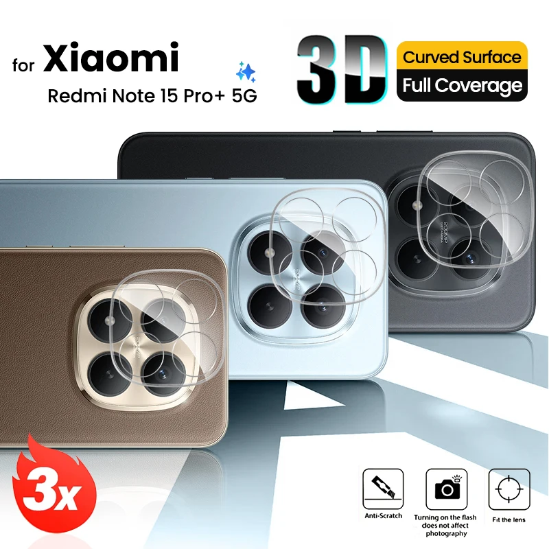 Protetor de Lente de Câmera Curvo de Vidro Temperado Transparente 3D (3 Peças) para Redmi Note 15 Pro+ Pro Plus Note15 Note15Pro Note15Pro+ 5G 4G 2026
