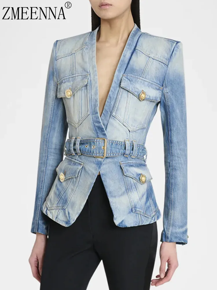 

ZMEENNA женский синий джинсовый пиджак с поясом на талии, длинным рукавом, v-образным вырезом, карманами на пуговицах, повседневная джинсовая верхняя одежда, модная ZM4105