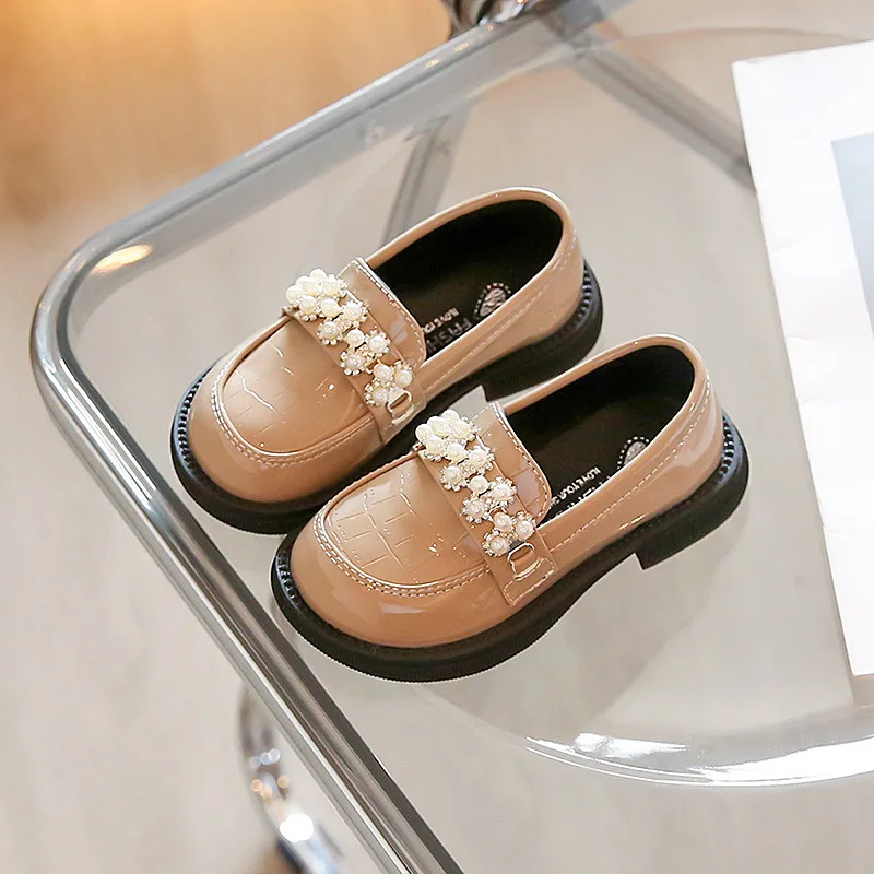 2022 Spring & Autumn New Kids Leather Shoes Korean Style Fashion Girls Pearls Casual Princess Soft Loafers Simple Children Black