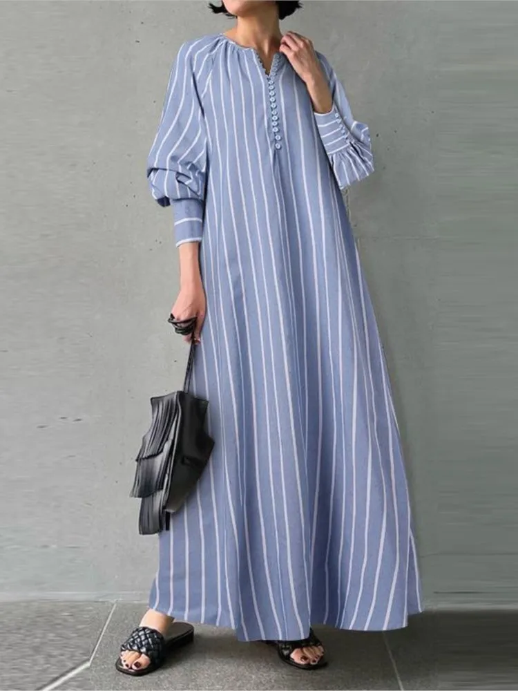 

Elegant Striped Print Long Dress Woman's Fashion Half-open Collar Long Sleeves Oversized Skirts Ladies Autumn Button Vestidos
