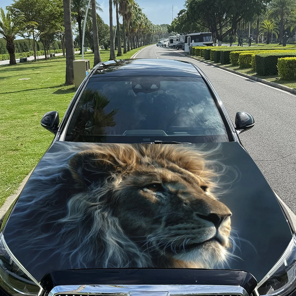 Lion-themed car hood wrap, featuring a majestic lion's profile with detailed mane and expressive eyes. Perfect for animal lovers