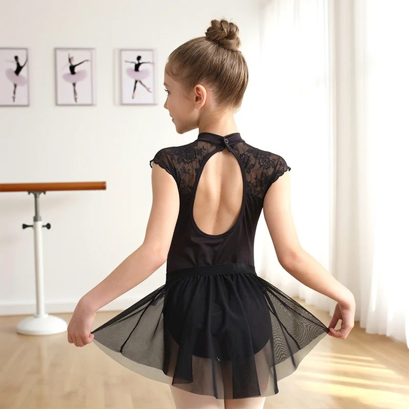 Leotardos de Ballet para niñas, Leotardos gimnásticos empalmados de encaje/malla para niños, Falda corta de baile extraíble, Combo