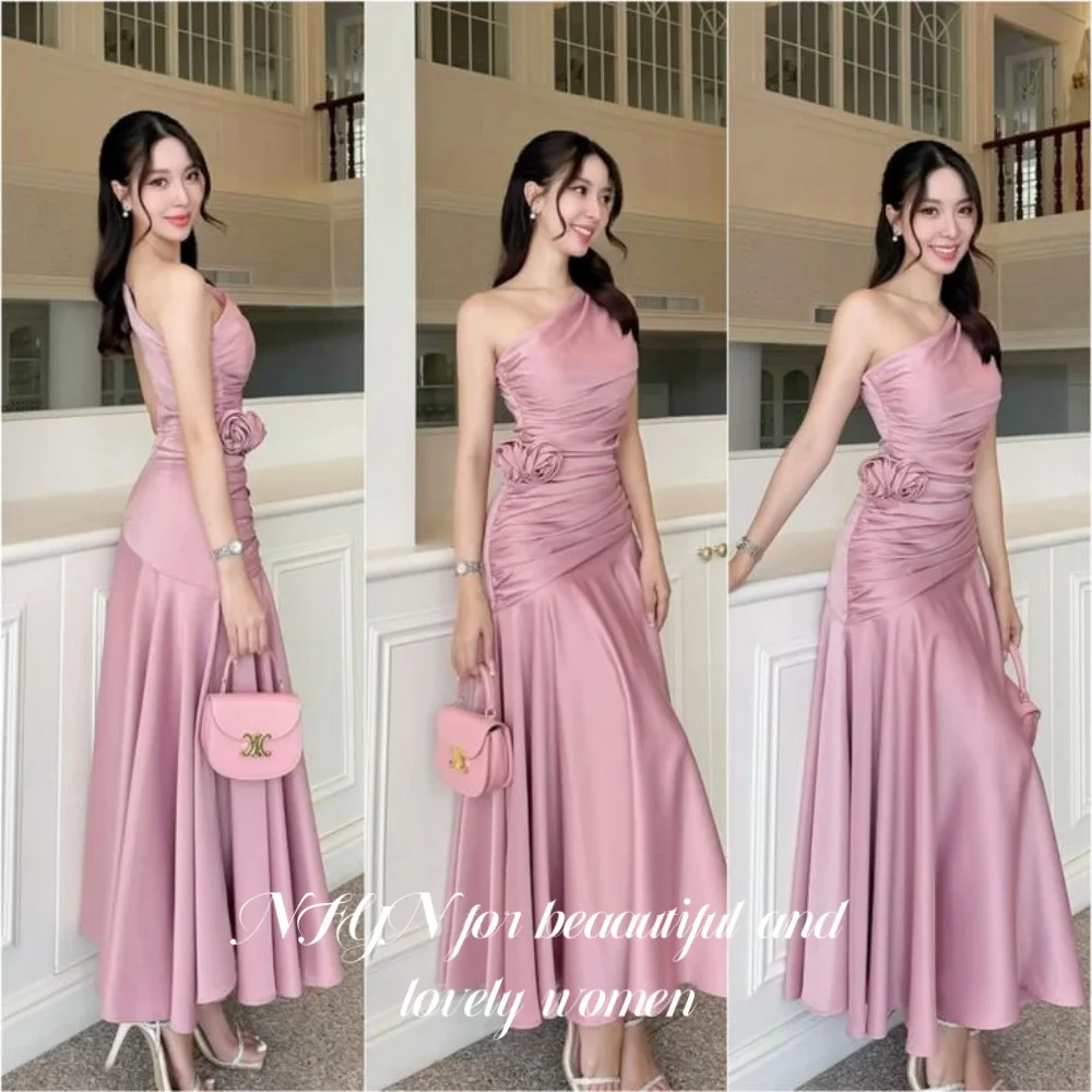 

NFYN Simple Pink Women's Evening Dress One Shoulder Night Dresses for Women Sleeveless 3D Flower Beach Formal Dress Customized