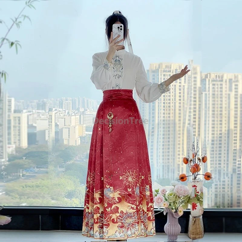 Woman Ming Dynasty Hanfu Set Horse Face Skirt Chinese Traditional Hanfu Costume Stand Collar Vintage Pleats Skirt