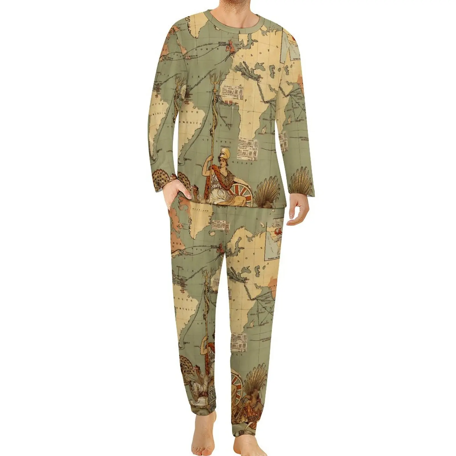 World Map Pajamas Antique 1886 Male Long Sleeve Trendy Pajama Sets 2 Piece Casual Spring Design Home Suit Gift Idea