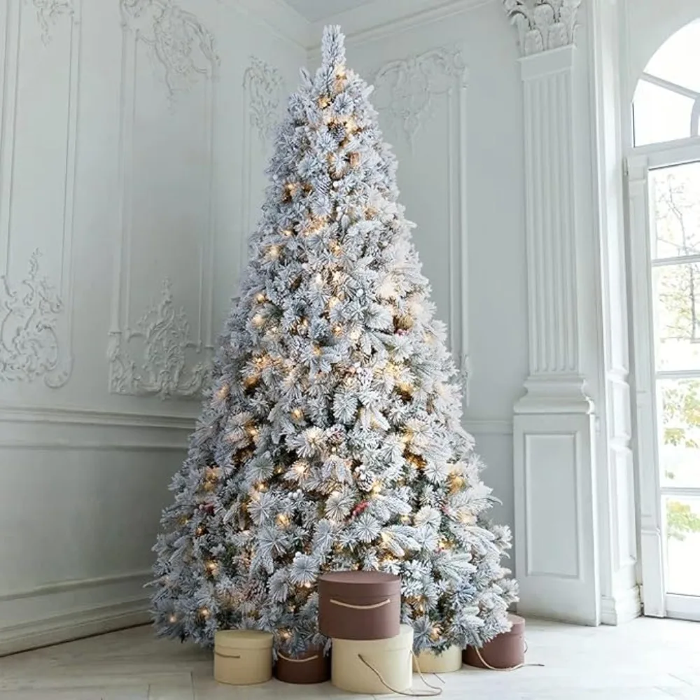 

9ft White Flocked Christmas Tree, 700 Warm Lights with Pine Cones Red Berries,Suitable for Christmas outdoor decoration