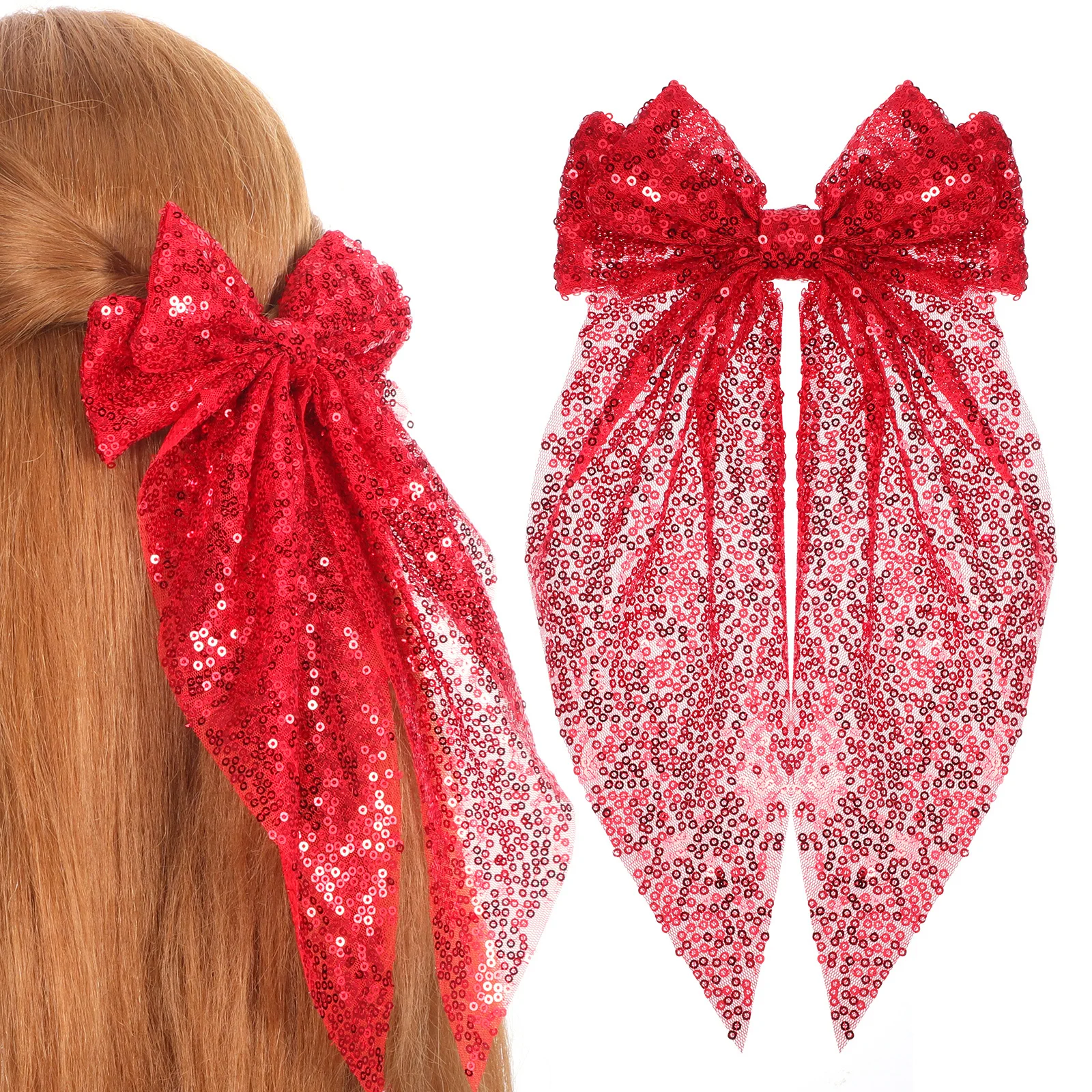 

2Pcs Sparkly Hair Bow Clips Glitter Sequin Hairpins Thick Layered Bows for Cheerleading Festive Events Everyday Styling