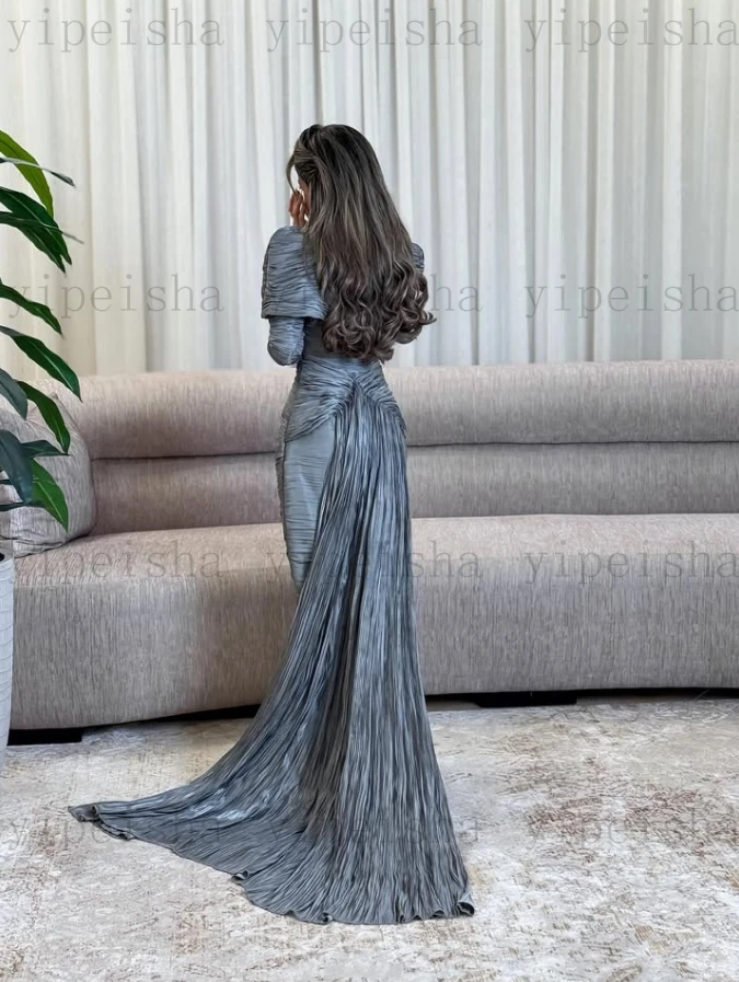 فساتين سهرة سعودية مخصصة برقبة دائرية وأكمام طويلة وفتحة جانبية بطول الأرض فستان حفلات مستقيم فستان طويل للحفلات الإسلامية