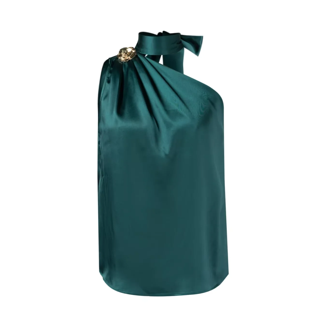 Smaragdgrünes Satin-Neckholder-Top mit einer Schulter für Damen, Elegante Goldrosen-Brosche, Drapierte Ärmellose Bluse, Party- und Abendhemd – Detail 12
