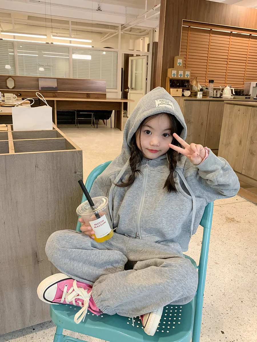 Embroidery Children's Sets Autumn Winter Warm Plush Lining Kids Hooded Jacket and Pants for Boys and Girls Sets