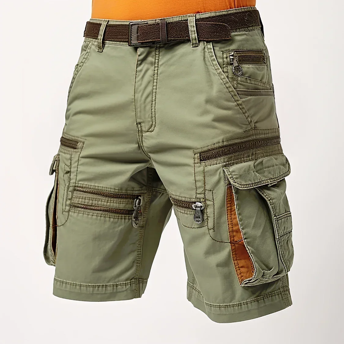 Man Cargo Shorts Stretch Washed Vintage Have Belted and Pockets