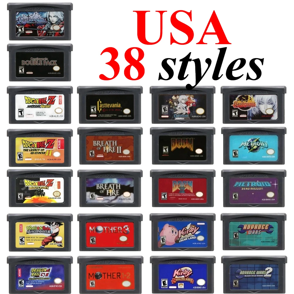 38 Styles English AGB Game Cartridge Final Fantasy Advance Wars Metroid Kirby Golden Sun Doom of Fire for GBA Classic Game