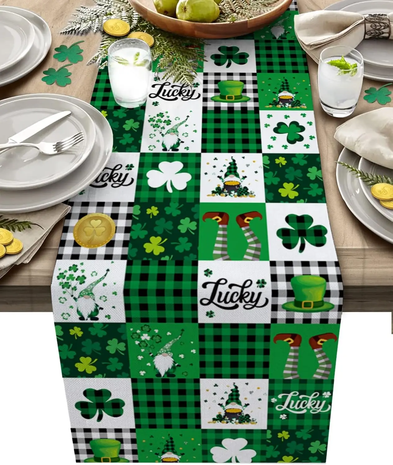 St. Patrick's Day Lucky Clover Gnomes Plaid Linen Table Runner Dresser Scarf Green Shamrock Table Runners for Party Decorations