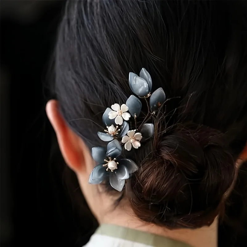 1pc Elegant Handcrafted Vintage Orchid Flower Hairpin Metal Hair Accessory with Black White Floral Design Golden Accents Perfect