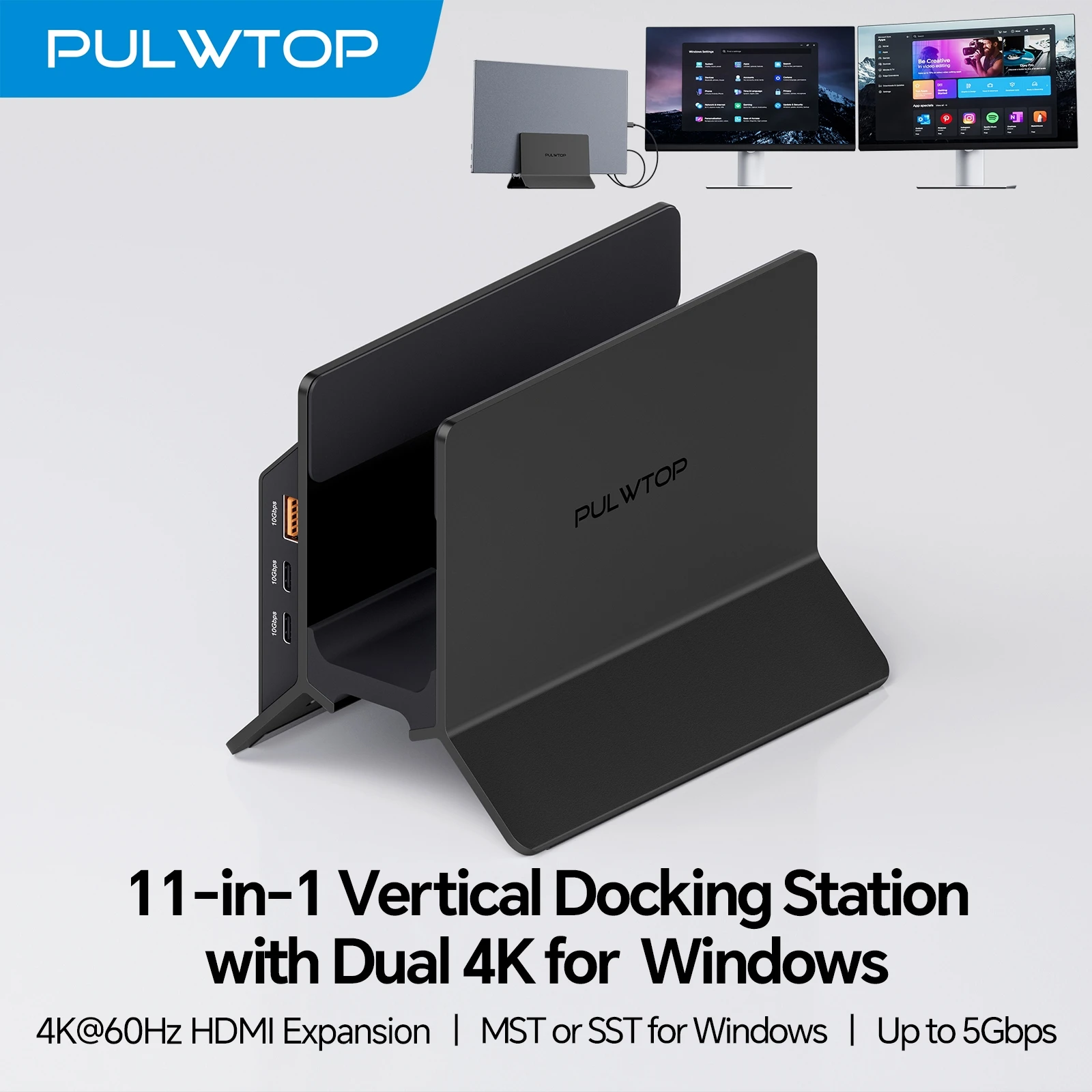 

PULWTOP USB C Docking Station Dual Monitor, with 2 HDMI 4K, USB A/C 10Gbps, USB A 5Gbps, USB A 2.0, Ethernet, for Type-C Laptops