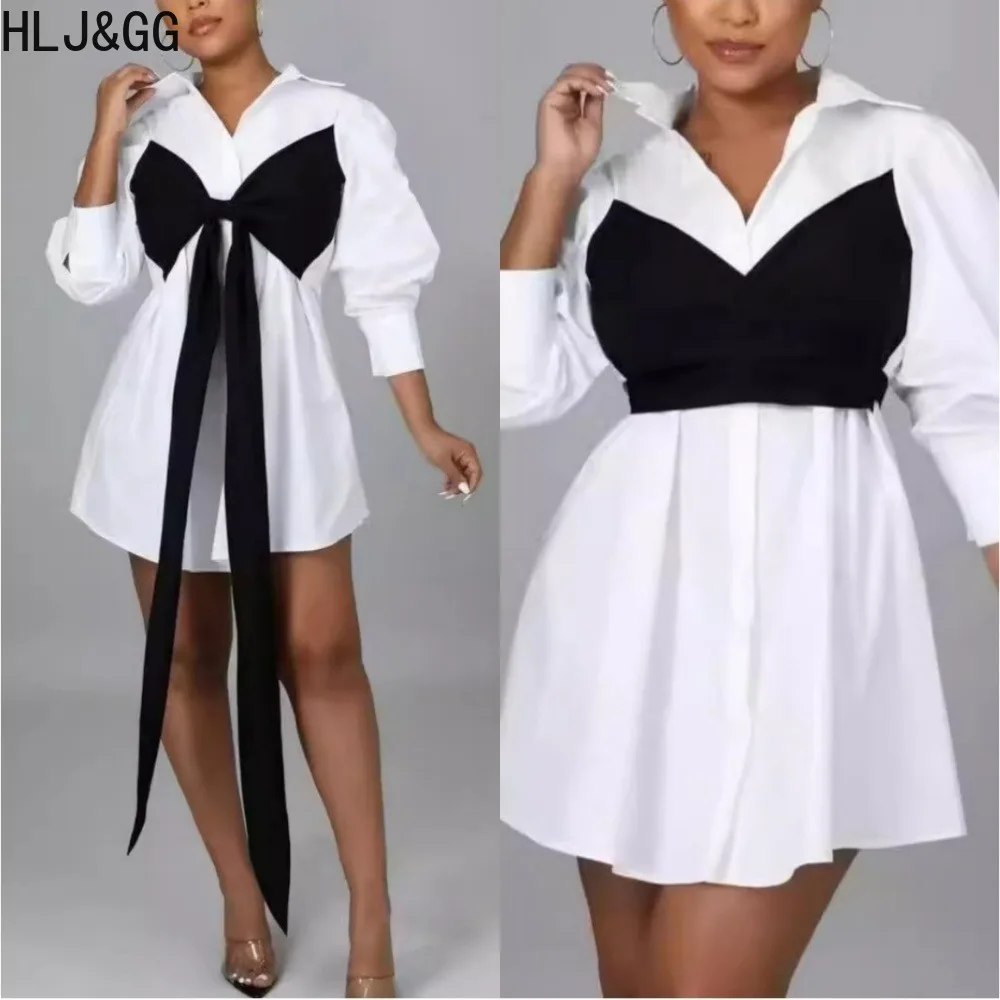 

HLJ&GG Elegant Lady Bandage Patchwork Shirts Dresses Women Lapel Button Long Sleeve Mini Vestidos Autumn New Solid Clothing 2025