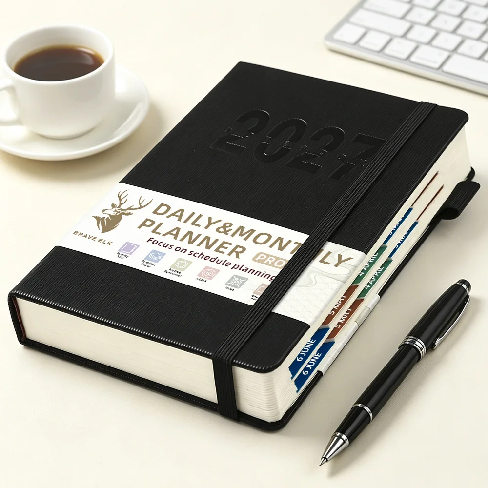 2027 A5 Daily Planner Notebook English Monthly Weekly Schedule Organizer Faux Leather Softcover 160 Sheets Business Efficiency