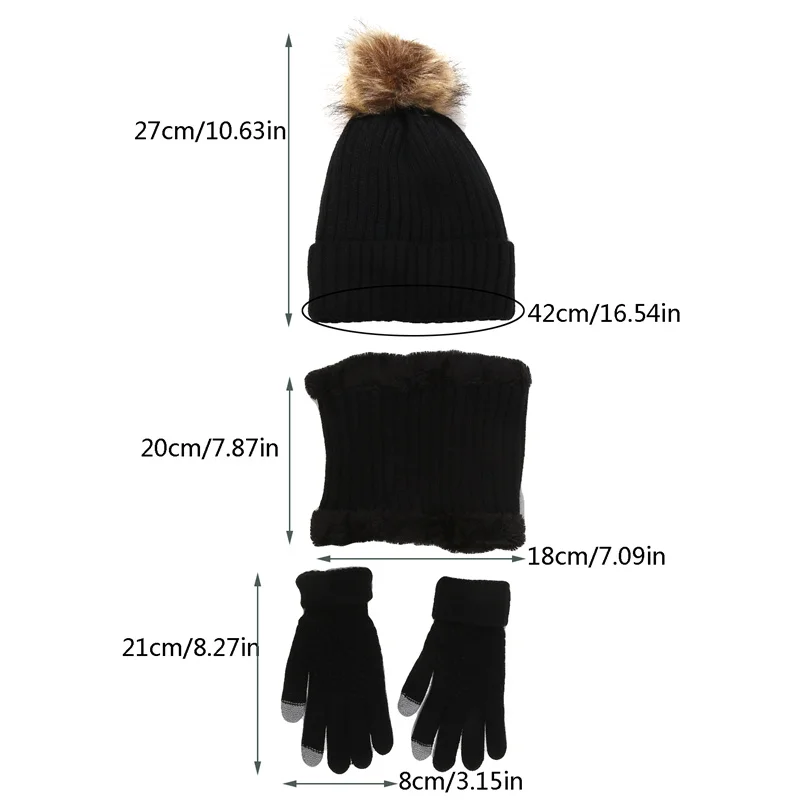 3pcs set Hat Winter Knitted Hat Big Hair Ball Warm pile intensification Boys and Girls Winter Knitted Hat Scarf and gloves