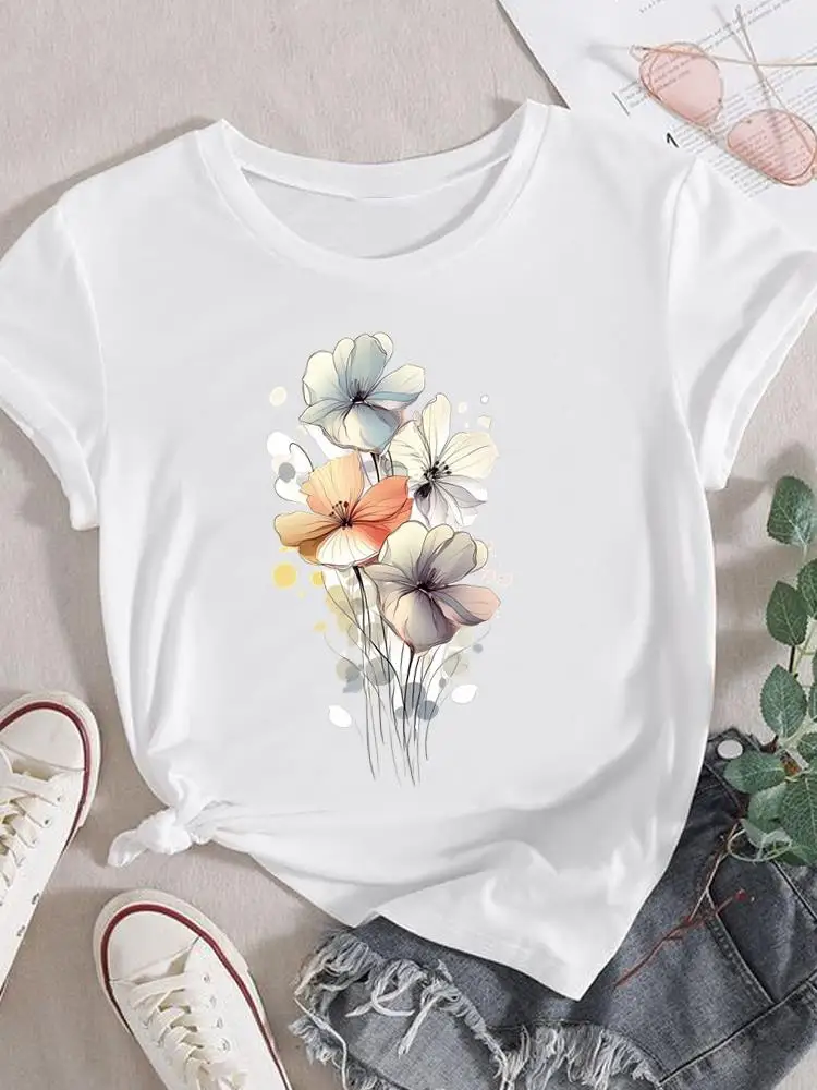 Bloem Leuke jaren 90 O-hals Kleding Voor Vrouwen Grafische T-shirts Casual Mode Korte Mouw T-shirt Print Tee Top Vrouw Kleding