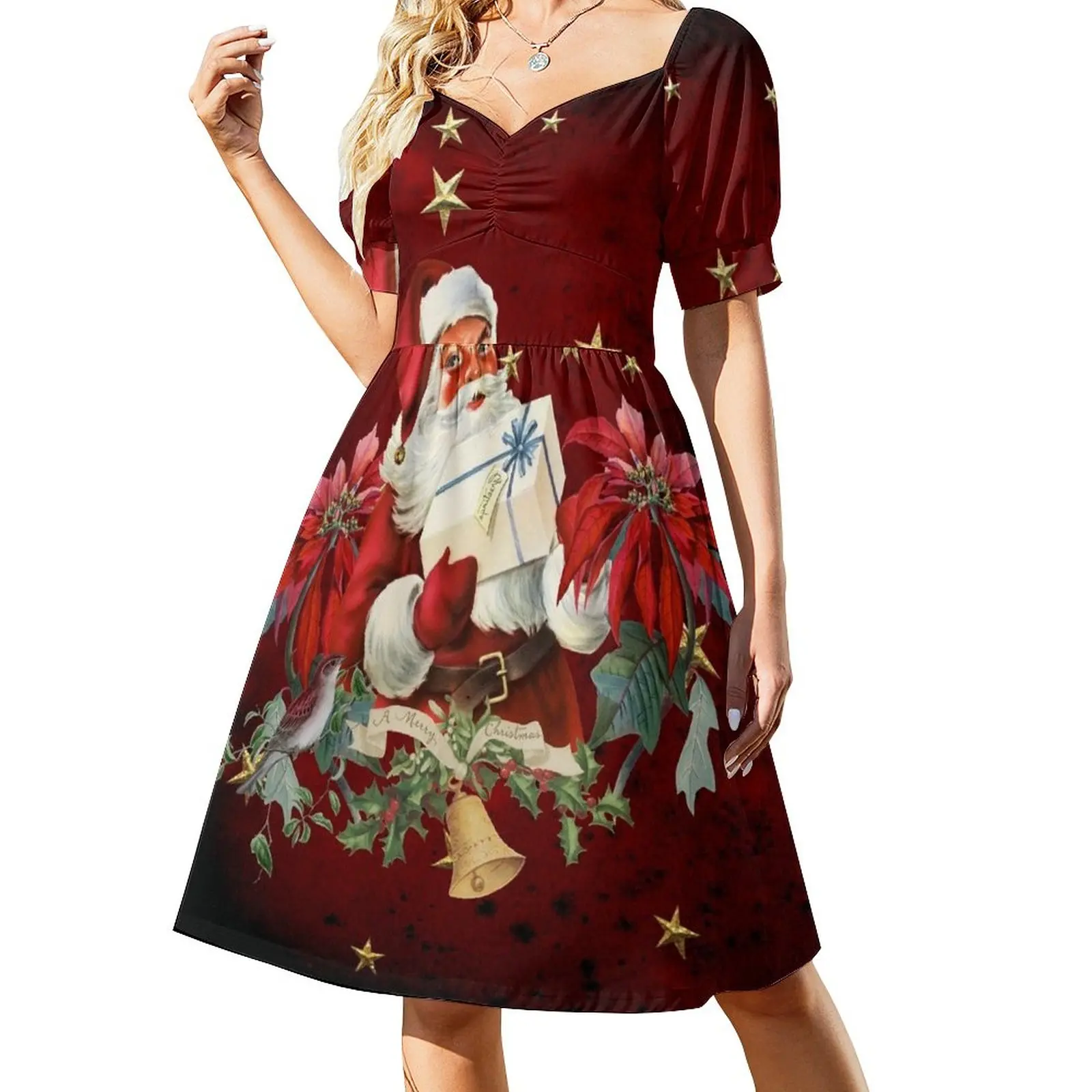 

Santa Claus with gifts and christmas flower, vintage design Dress Women's dresses women party dresses Dresses