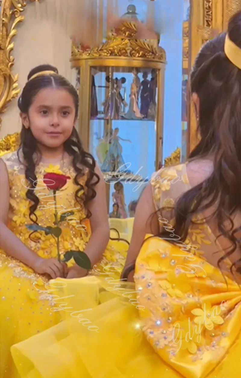 Robe de première communion jaune pour tout-petits, longue traîne, appliques 3D, robe de demoiselle d'honneur de mariage pour enfants, tulle perlé, reconstitution historique, anniversaire, quoi que ce soit